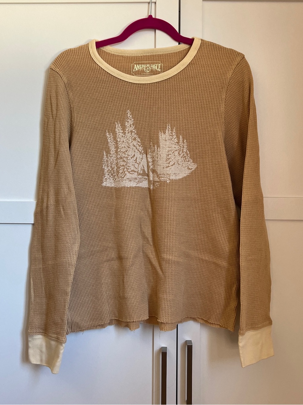 American Eagle Outfitters Tan Waffle Long-Sleeve Top with Cream Trim